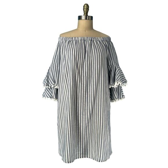 Neiman Marcus Off-Shoulder Striped Pom-Pom Shift Dress size Large - Picture 1 of 7